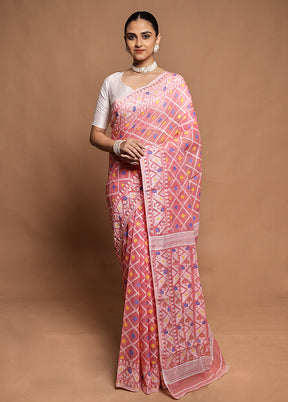 Pink Tant Jamdani Saree Without Blouse Piece