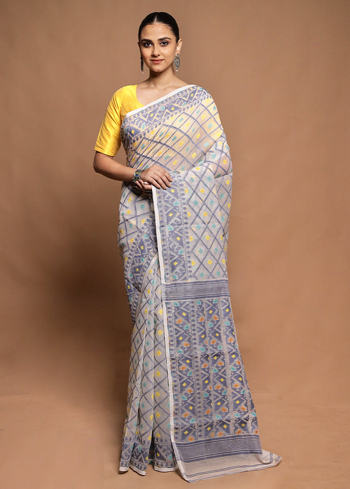 White Tant Jamdani Saree Without Blouse Piece