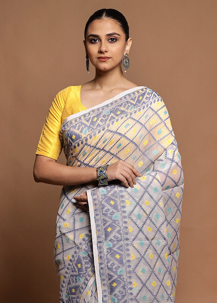White Tant Jamdani Saree Without Blouse Piece