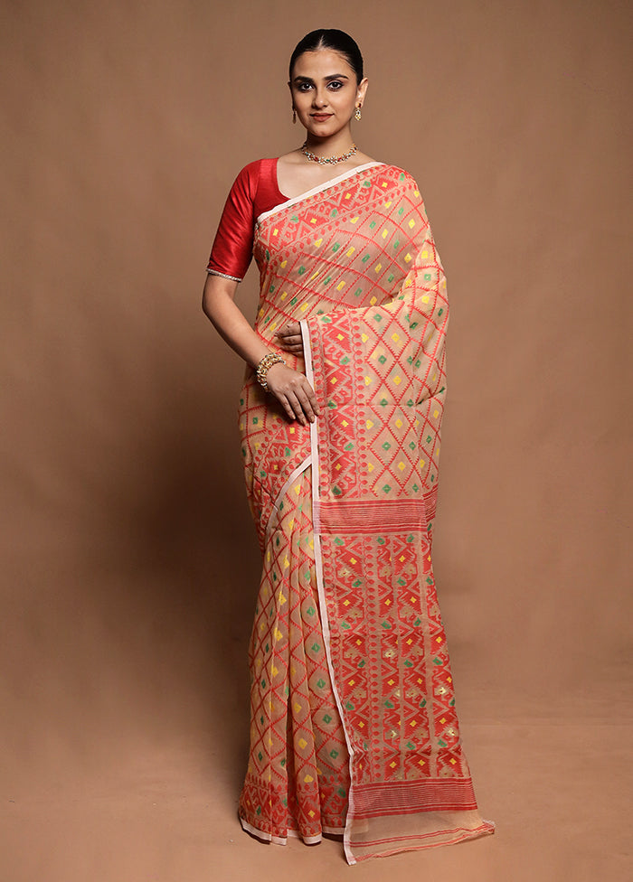 Cream Tant Jamdani Saree Without Blouse Piece