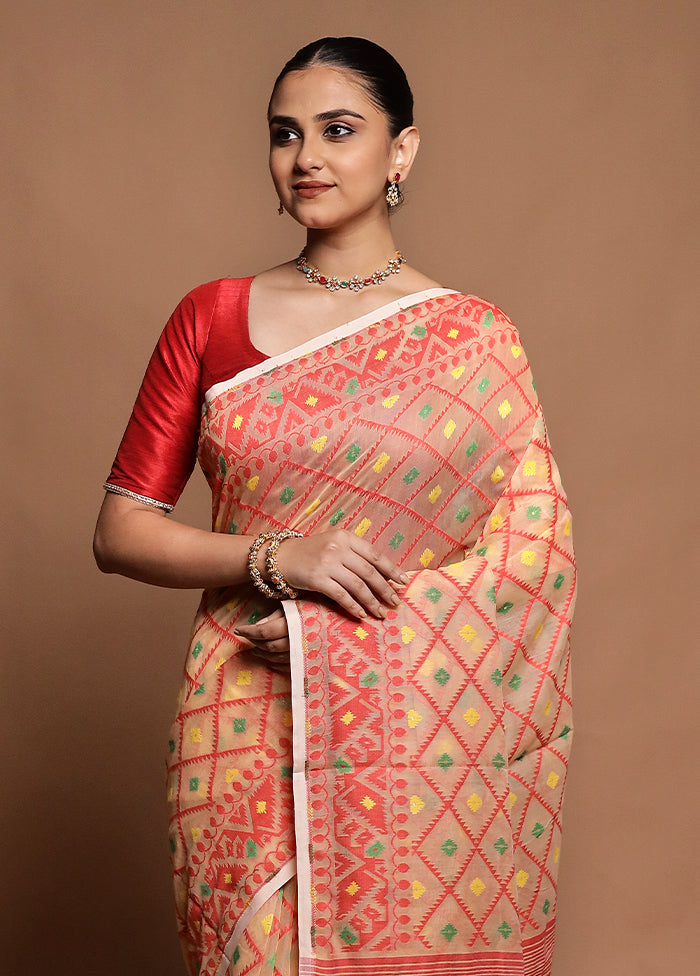 Cream Tant Jamdani Saree Without Blouse Piece