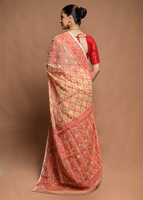 Cream Tant Jamdani Saree Without Blouse Piece