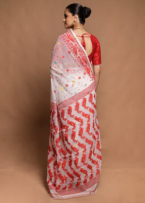 White Tant Jamdani Saree Without Blouse Piece