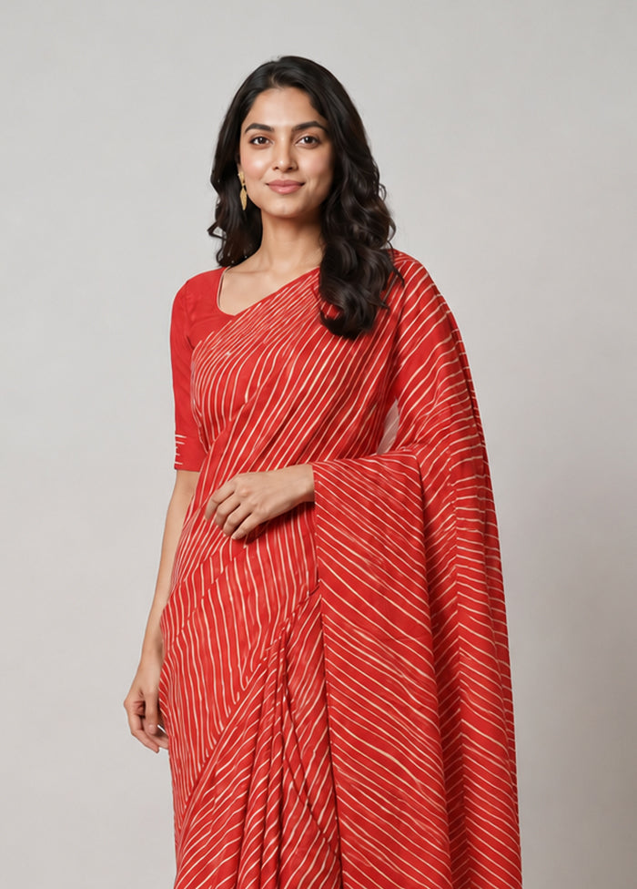 Red Printed Silk Saree Without Blouse Piece