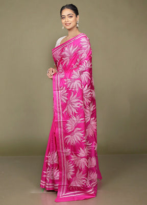 Pink Handloom Kantha Stitch Pure Silk Saree With Blouse Piece