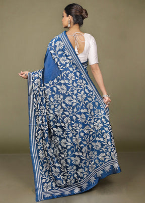 Blue Handloom Kantha Stitch Pure Silk Saree With Blouse Piece