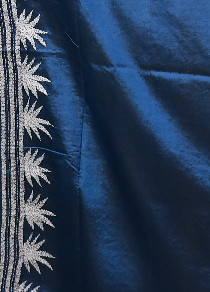 Blue Handloom Kantha Stitch Pure Silk Saree With Blouse Piece