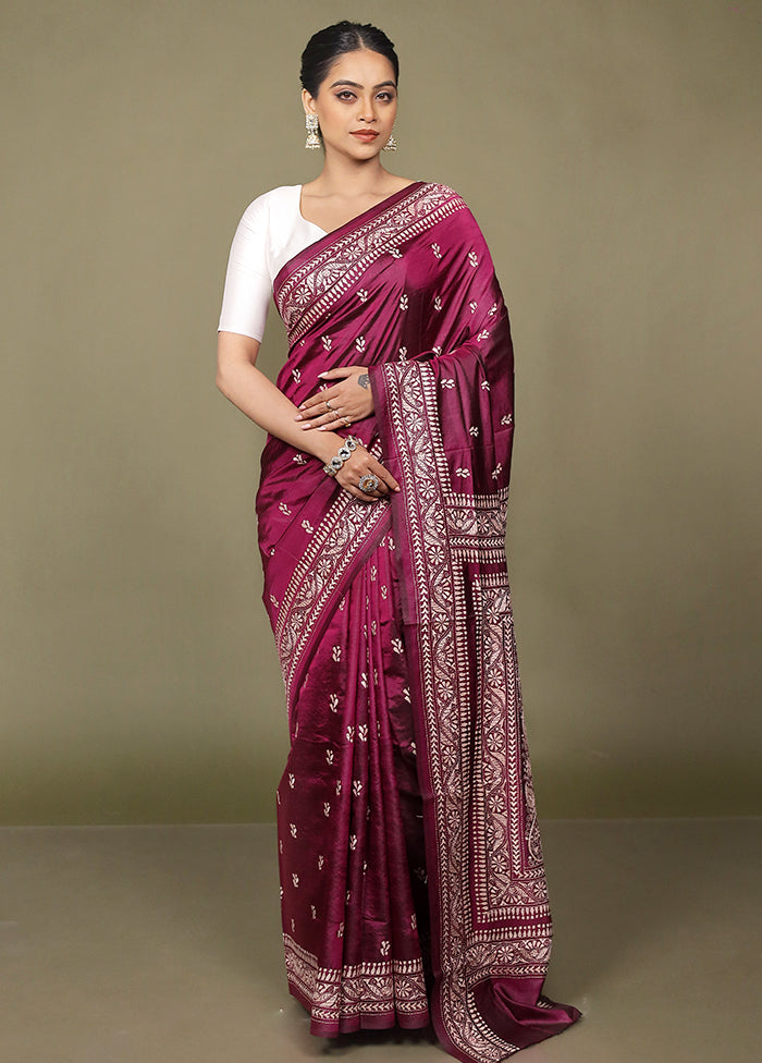 Purple Handloom Kantha Stitch Pure Silk Saree With Blouse Piece