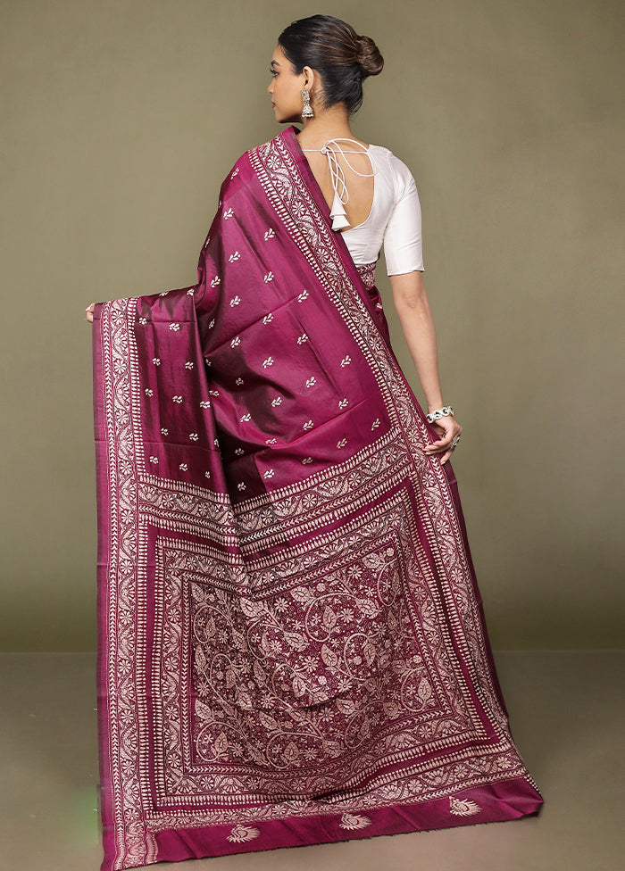 Purple Handloom Kantha Stitch Pure Silk Saree With Blouse Piece