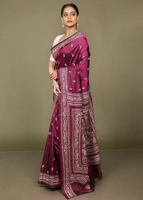 Purple Handloom Kantha Stitch Pure Silk Saree With Blouse Piece