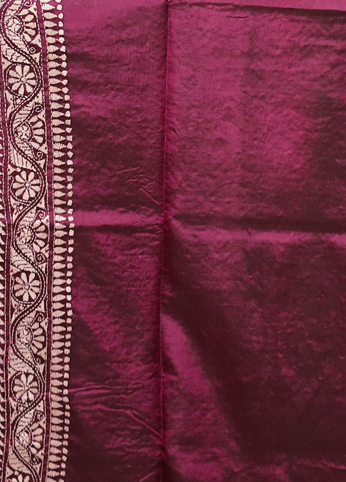 Purple Handloom Kantha Stitch Pure Silk Saree With Blouse Piece