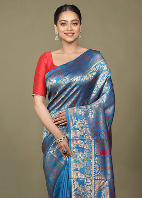 Blue Baluchari Silk Saree With Blouse Piece