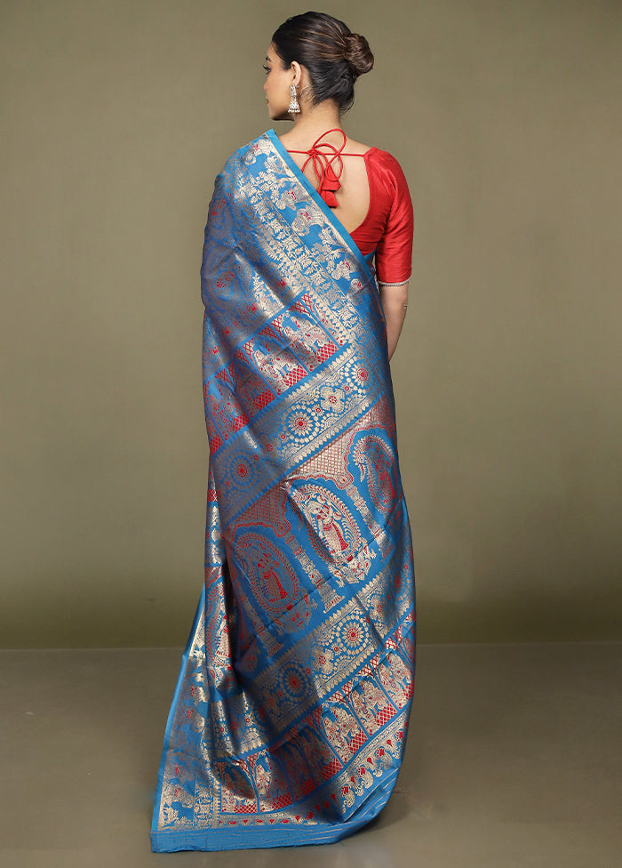 Blue Baluchari Silk Saree With Blouse Piece
