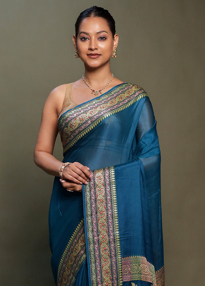 Blue Handloom Pure Georgette Saree With Blouse Piece