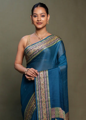 Blue Handloom Pure Georgette Saree With Blouse Piece