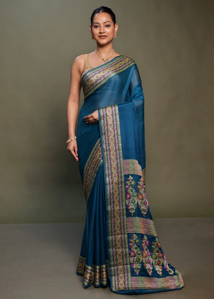 Blue Handloom Pure Georgette Saree With Blouse Piece