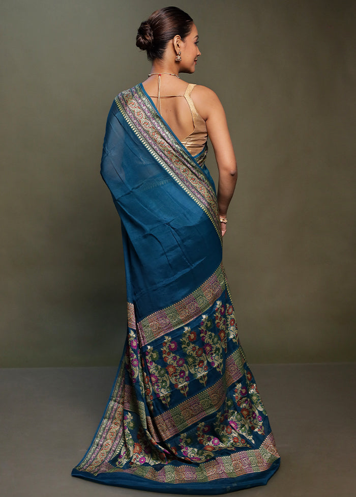 Blue Handloom Pure Georgette Saree With Blouse Piece