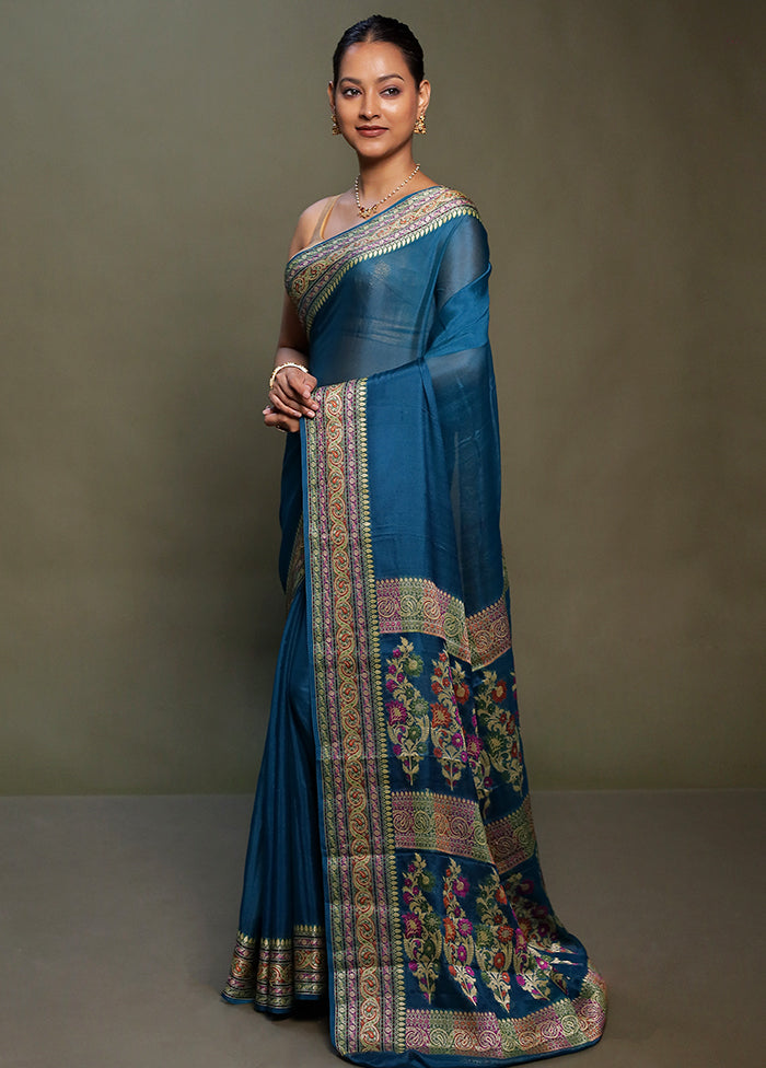 Blue Handloom Pure Georgette Saree With Blouse Piece