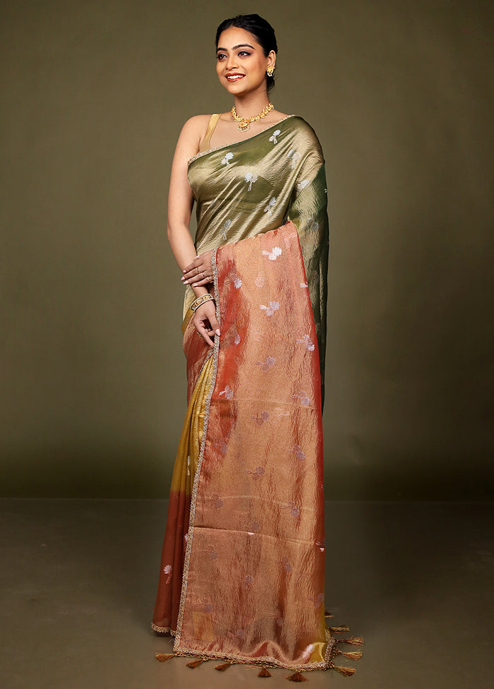 Green Crushed Tissue Silk Saree With Blouse Piece