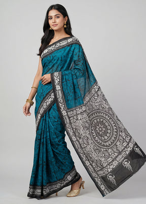 Multicolor Handloom Kantha Stitch Pure Silk Saree With Blouse Piece