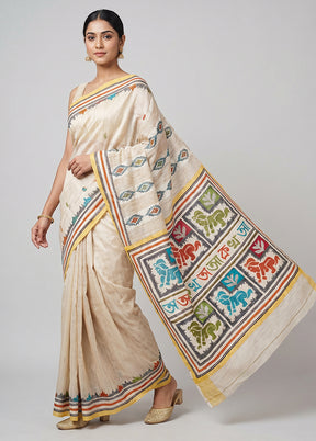 Multicolor Handloom Kantha Stitch Pure Silk Saree With Blouse Piece