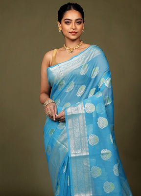 Blue Kora Silk Saree With Blouse Piece