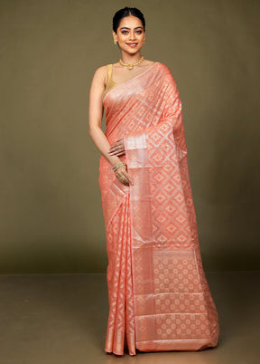 Peach Kora Silk Saree With Blouse Piece