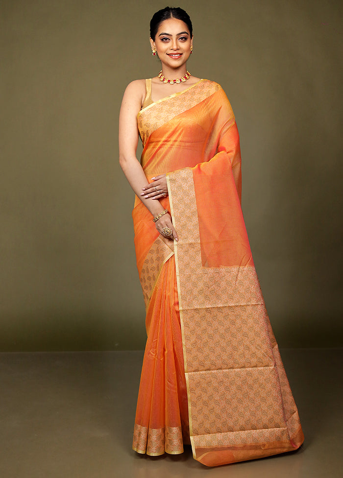 Orange Kota Cotton Saree With Blouse Piece
