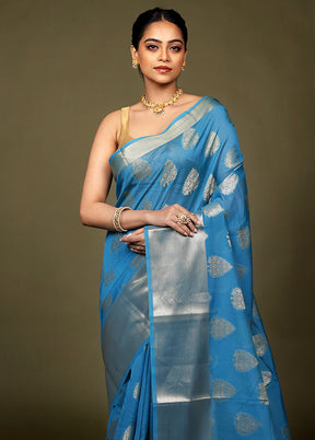 Blue Kora Silk Saree With Blouse Piece