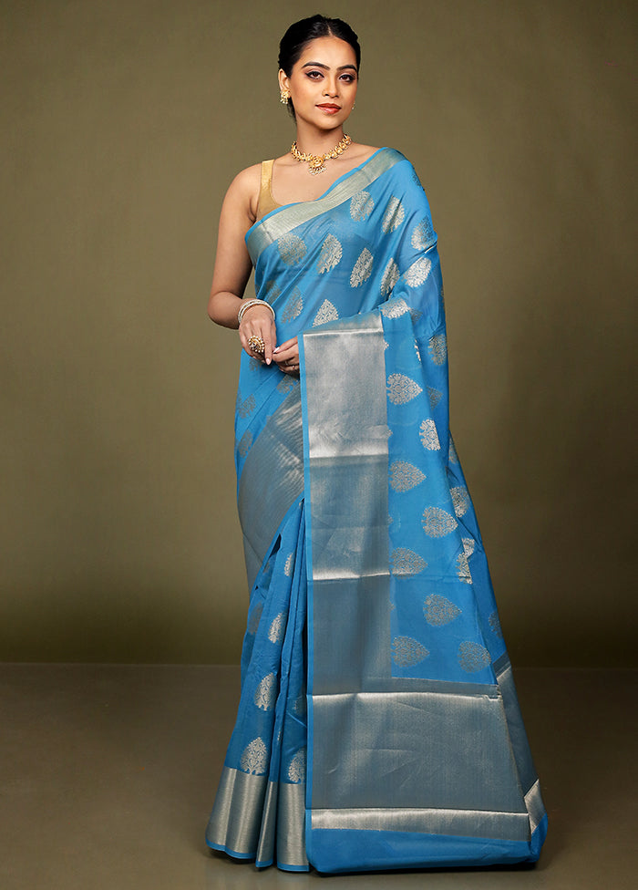 Blue Kora Silk Saree With Blouse Piece