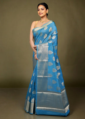 Blue Kora Silk Saree With Blouse Piece