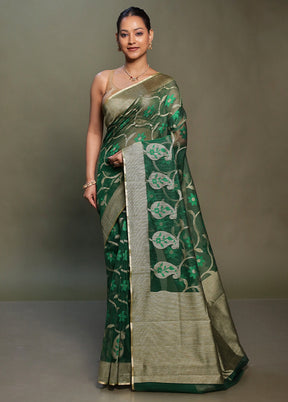 Green Net Saree With Blouse Piece