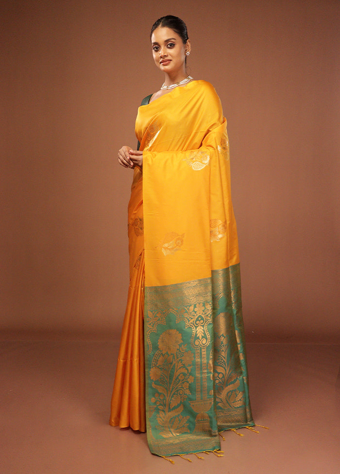 Yellow Dupion Silk Saree With Blouse Piece