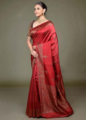 Maroon Handloom Tussar Pure Silk Saree With Blouse Piece