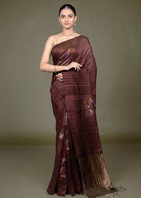 Brown Handloom Matka Pure Silk Saree With Blouse Piece