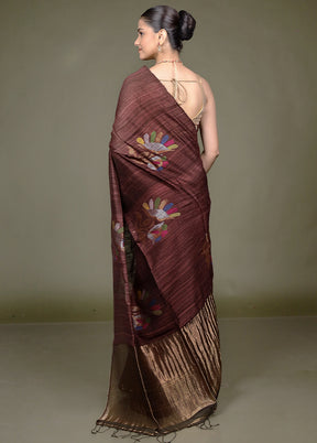 Brown Handloom Matka Pure Silk Saree With Blouse Piece