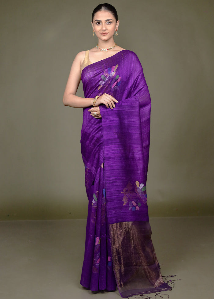 Purple Handloom Matka Pure Silk Saree With Blouse Piece