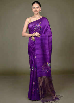 Purple Handloom Matka Pure Silk Saree With Blouse Piece