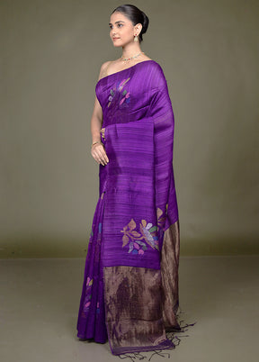 Purple Handloom Matka Pure Silk Saree With Blouse Piece