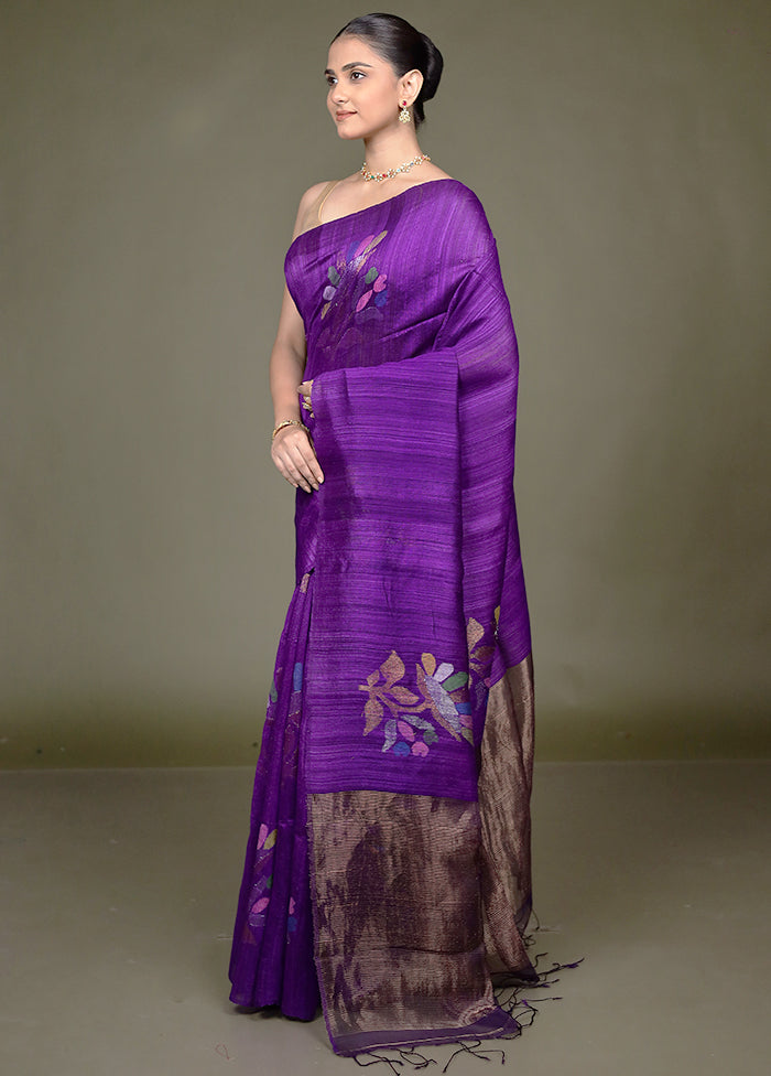 Purple Handloom Matka Pure Silk Saree With Blouse Piece