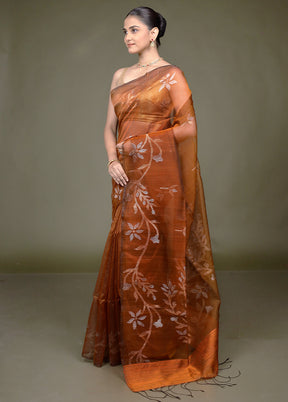 Rust Handloom Matka Pure Silk Saree With Blouse Piece