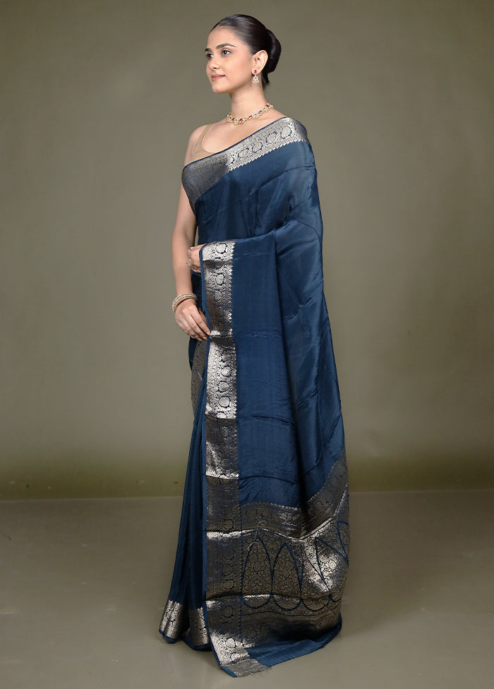 Blue Chiffon Silk Saree With Blouse Piece