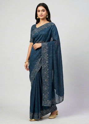 Blue Chiffon Silk Saree With Blouse Piece