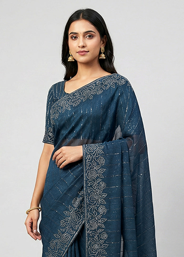 Blue Chiffon Silk Saree With Blouse Piece