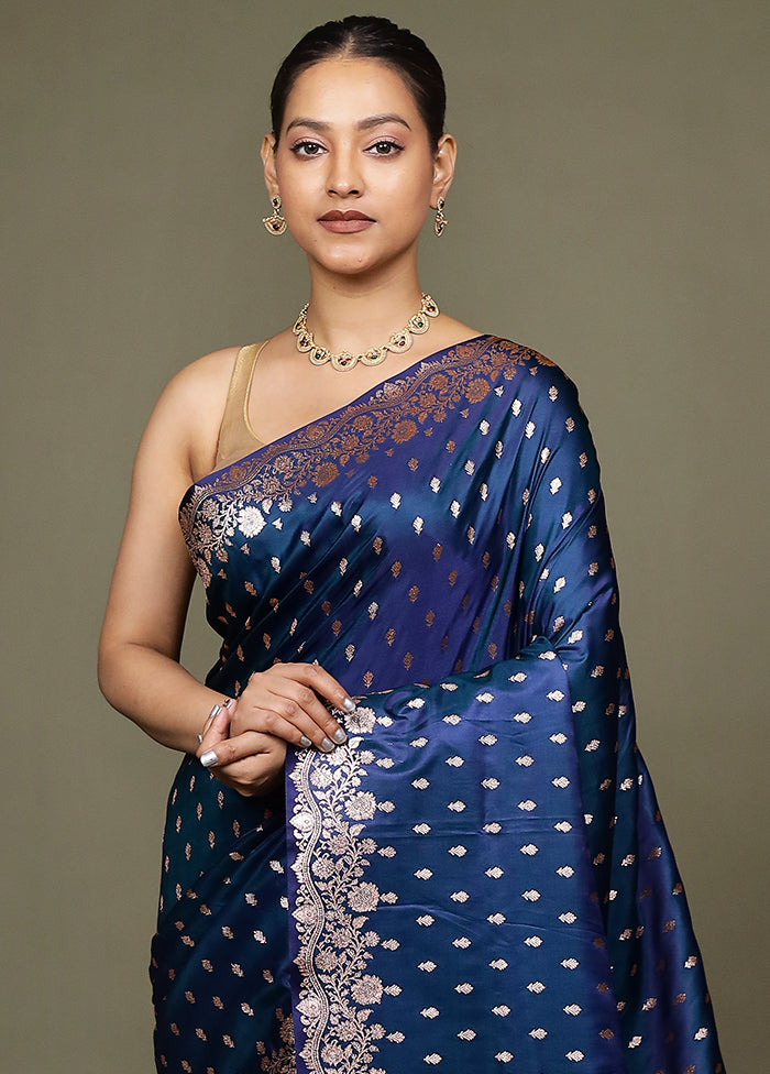 Blue Banarasi Silk Saree With Blouse Piece