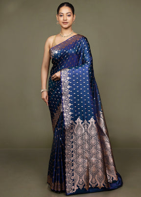 Blue Banarasi Silk Saree With Blouse Piece