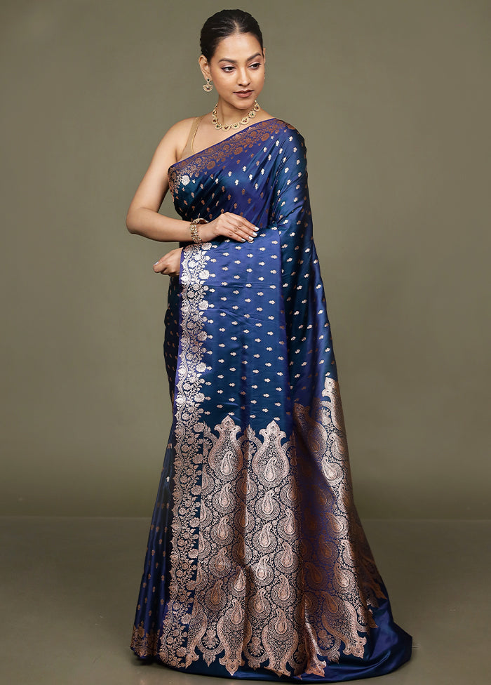 Blue Banarasi Silk Saree With Blouse Piece