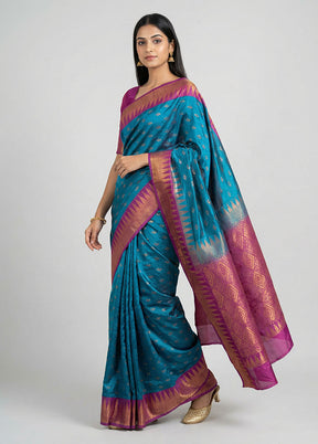 Blue Dupion Silk Saree With Blouse Piece