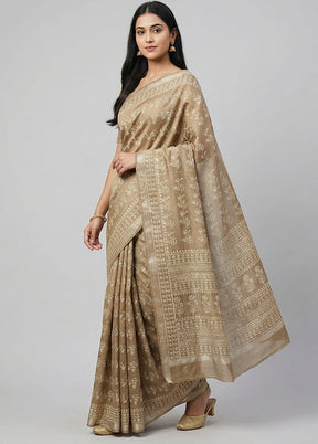 Cream Printed Silk Saree Without Blouse Piece
