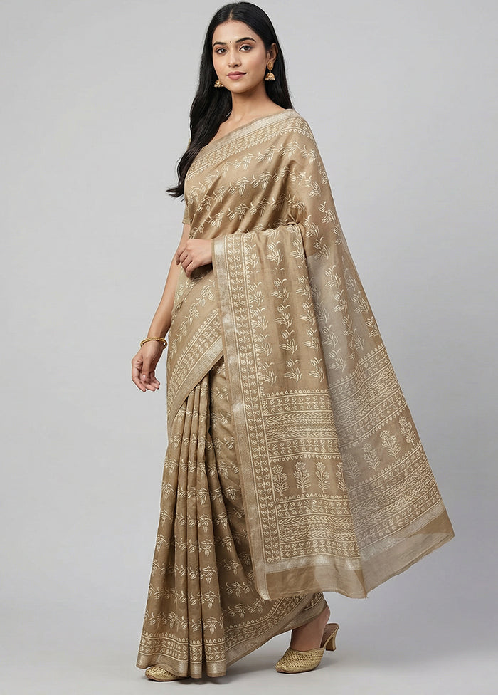 Cream Printed Silk Saree Without Blouse Piece